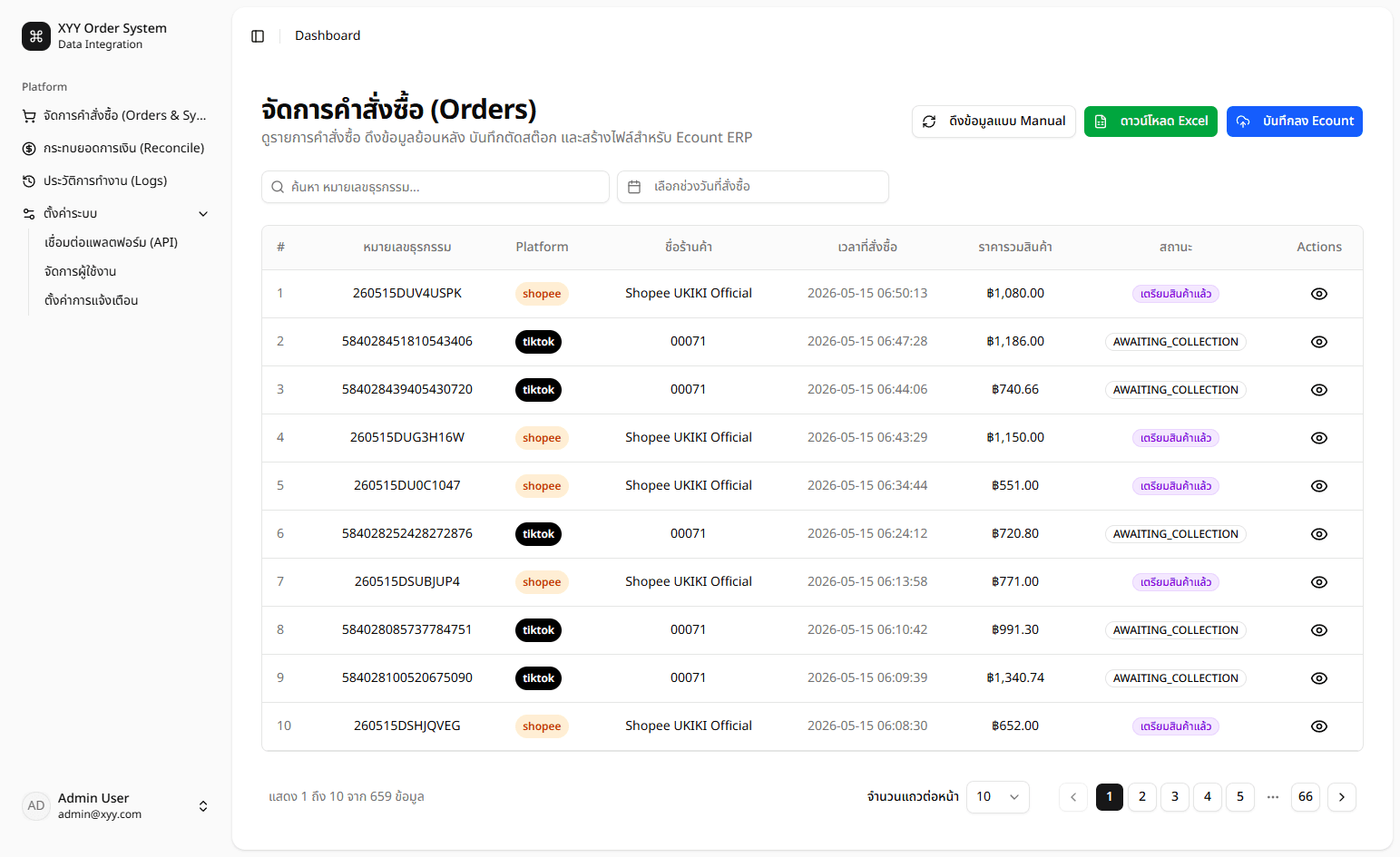 XYY Order System dashboard